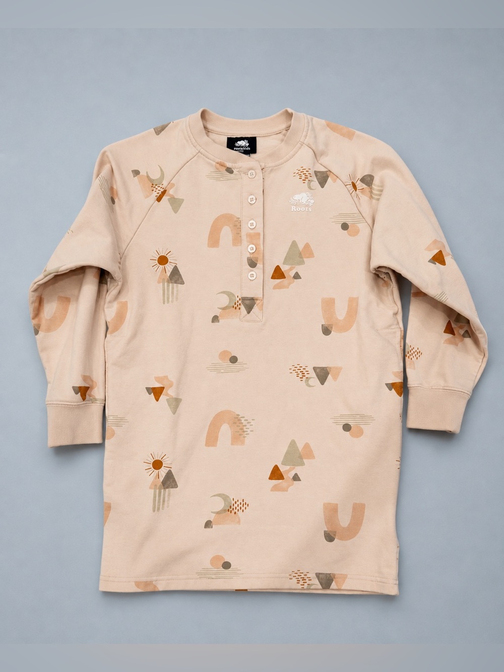 Roots Kids Beige Graphic Henley Long Sleeve Top with Earthy Accents